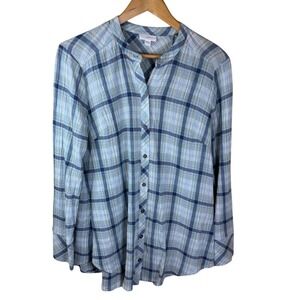 J Jill Blue Plaid Button Front Top Blouse Size Small Long Sleeve Cotton‎ Blend